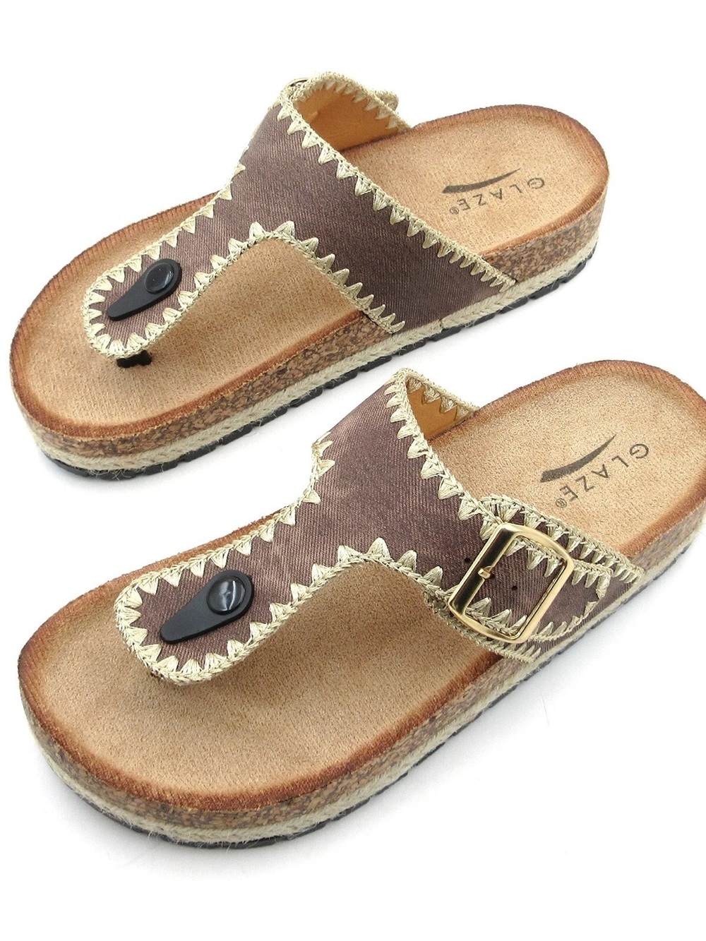 Glaze Brown Thong Slide Sandals with Cream Trim and Gold Buckle